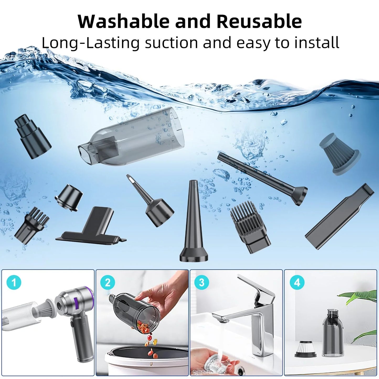 Portable High Power Car Vacuum Cleaner, 22000PA 4 in 1 Compressed Air Duster & Air Blower & Pump Hand Held Vacuum Cordless with Brushless Motor for Cars Home Office