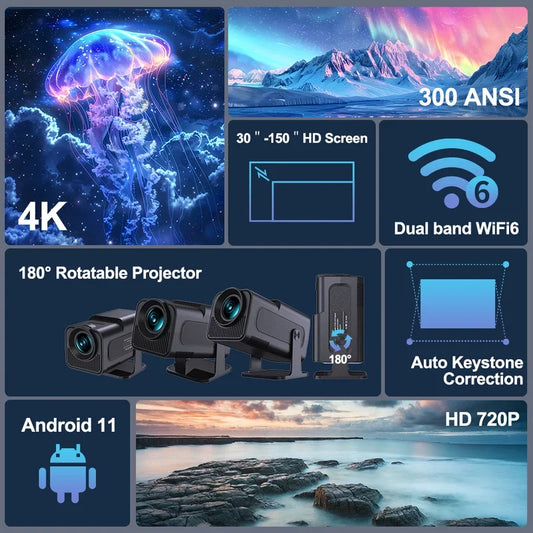 Proyector de vídeo HY320 4k Native 720p Proyectores Android 300ANSI Wifi Cine Portátil 180 ° Giratorio 1080p Actualizado HY300