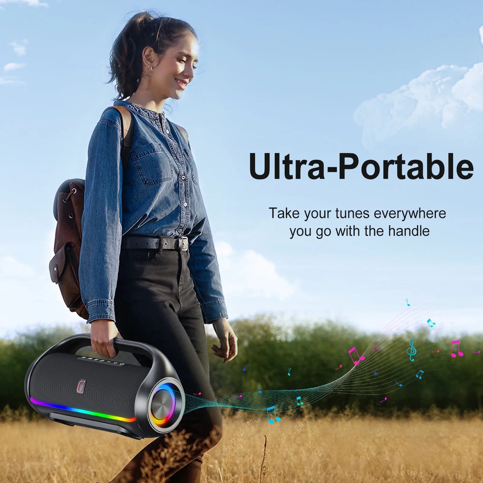 Portable Bluetooth Speaker with DJ Lights, Deep Subwoofer, Wireless Waterproof Outdoor Speaker for Pool Beach Party, D20