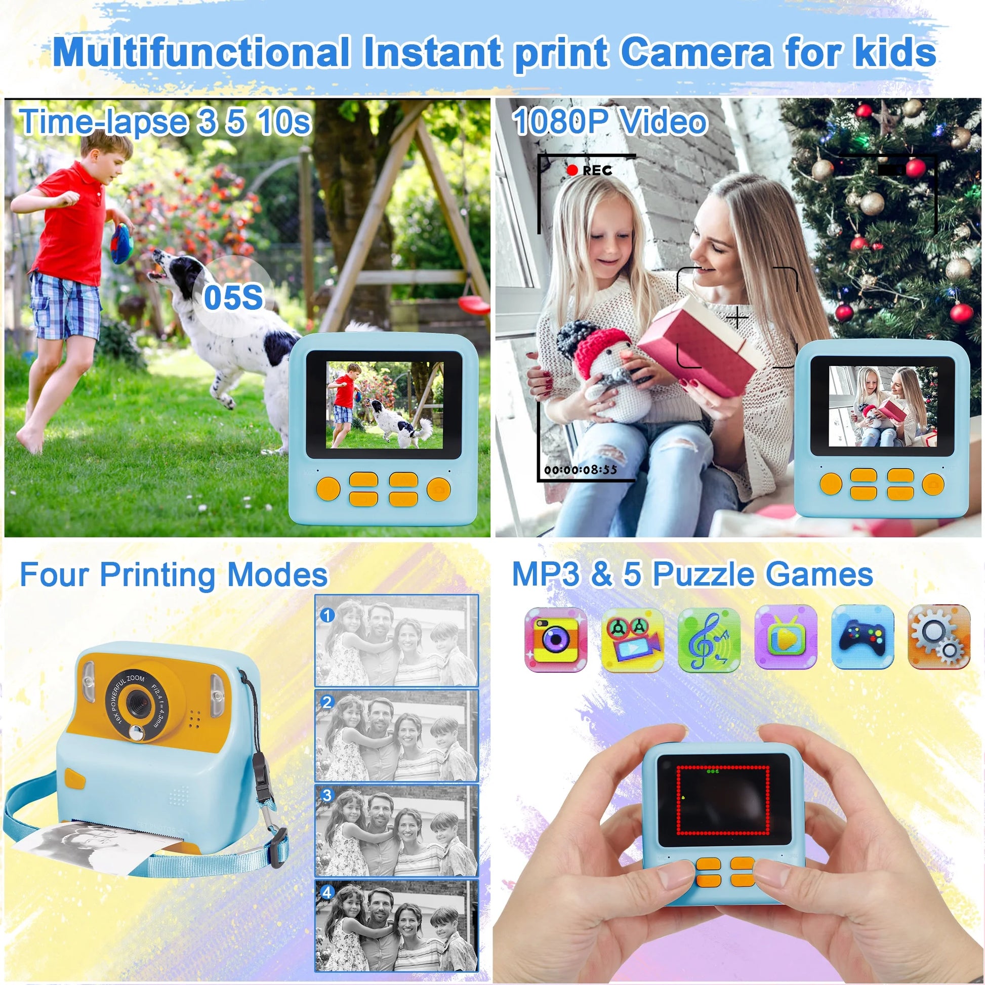 Instant Print Blue Digital Kids Camera 1080P Rechargeable HD Digital Toy Cameras Gift with 32G SD Card for Age 3-12