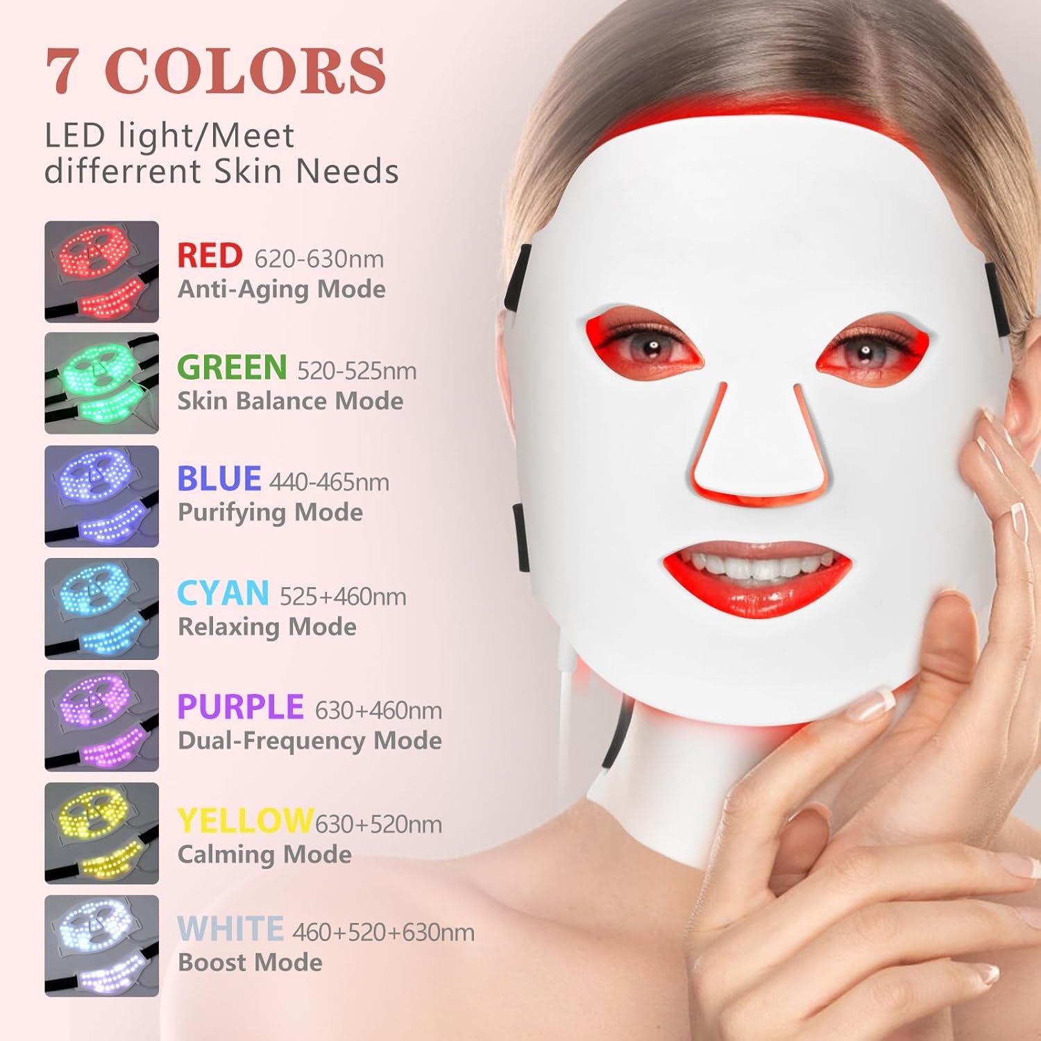 Led Face Mask Light Therapy,Red Light Therapy for Face and Neck,7 Colors LED Facial Skin Care Mask,5 Level Brightness Adjustment,309 LED Beads Can Be Used at Home,White