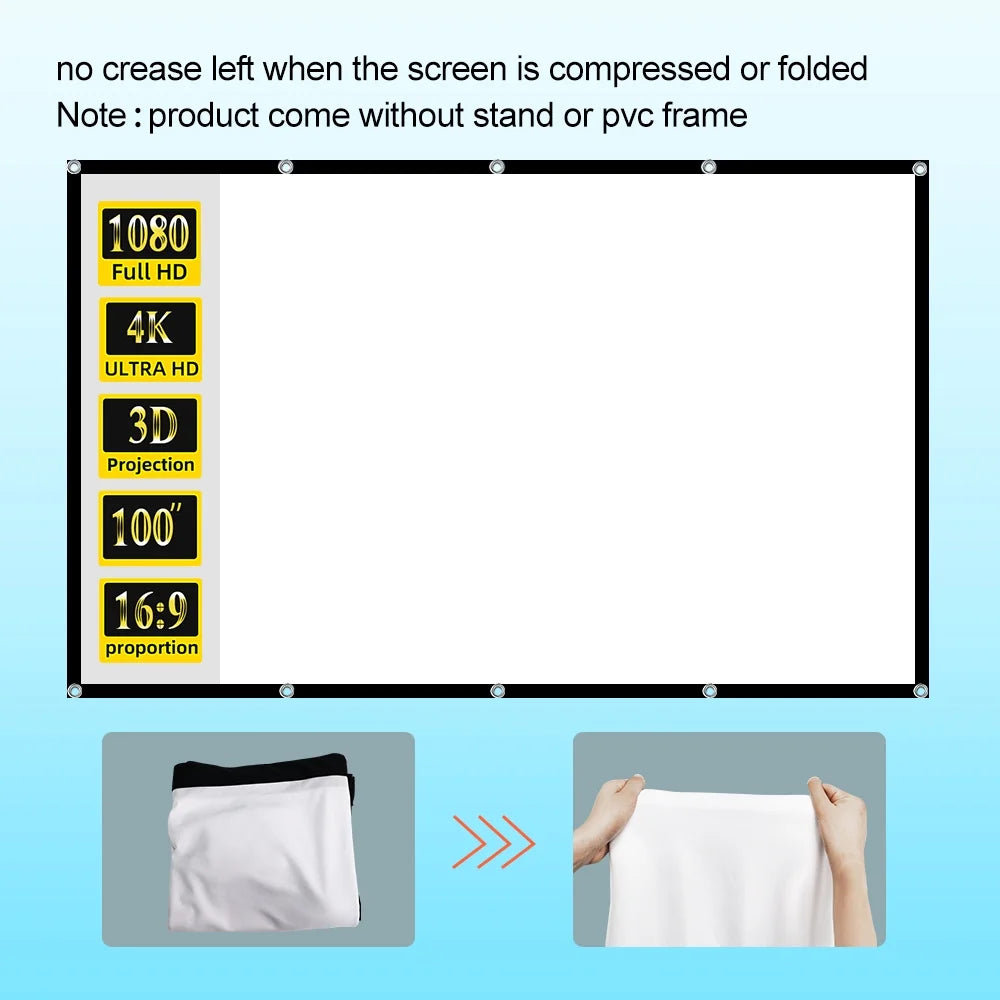 Portable Projector Screen 100 Inch 16:9 Outdoor/Indoor Wrinkle-Free 4K HD Wall-Mounted Backyard Movie Night Camping Office Presentation