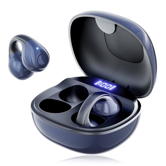 Open-Ear Headphones, Wireless Clip on Earbuds with Digital Display Charging Case 68 Hours Playtime, Lightweight Comfort, Stable Fit, Open-Ear Safety Design for Active and Office Use