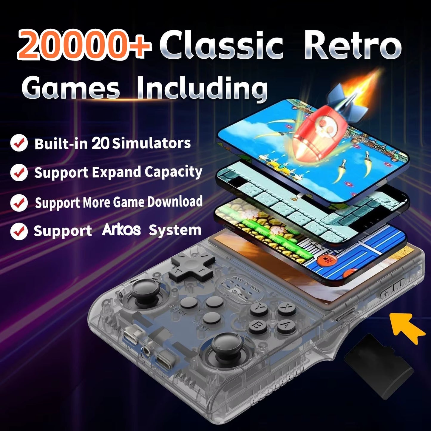 Retro Game Console Handheld Video Arkos 2.0 System 3.5 Inch Single Card Portable Pocket Video Player 64GB 128GB 20000 Games