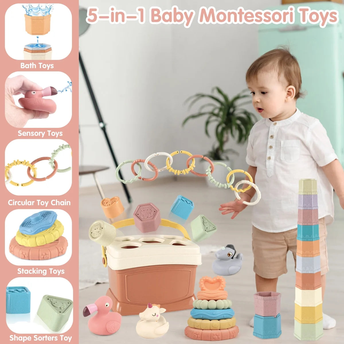 🧩 5-in-1 Montessori Baby Toy Set – Fun, Learning & Development in One!