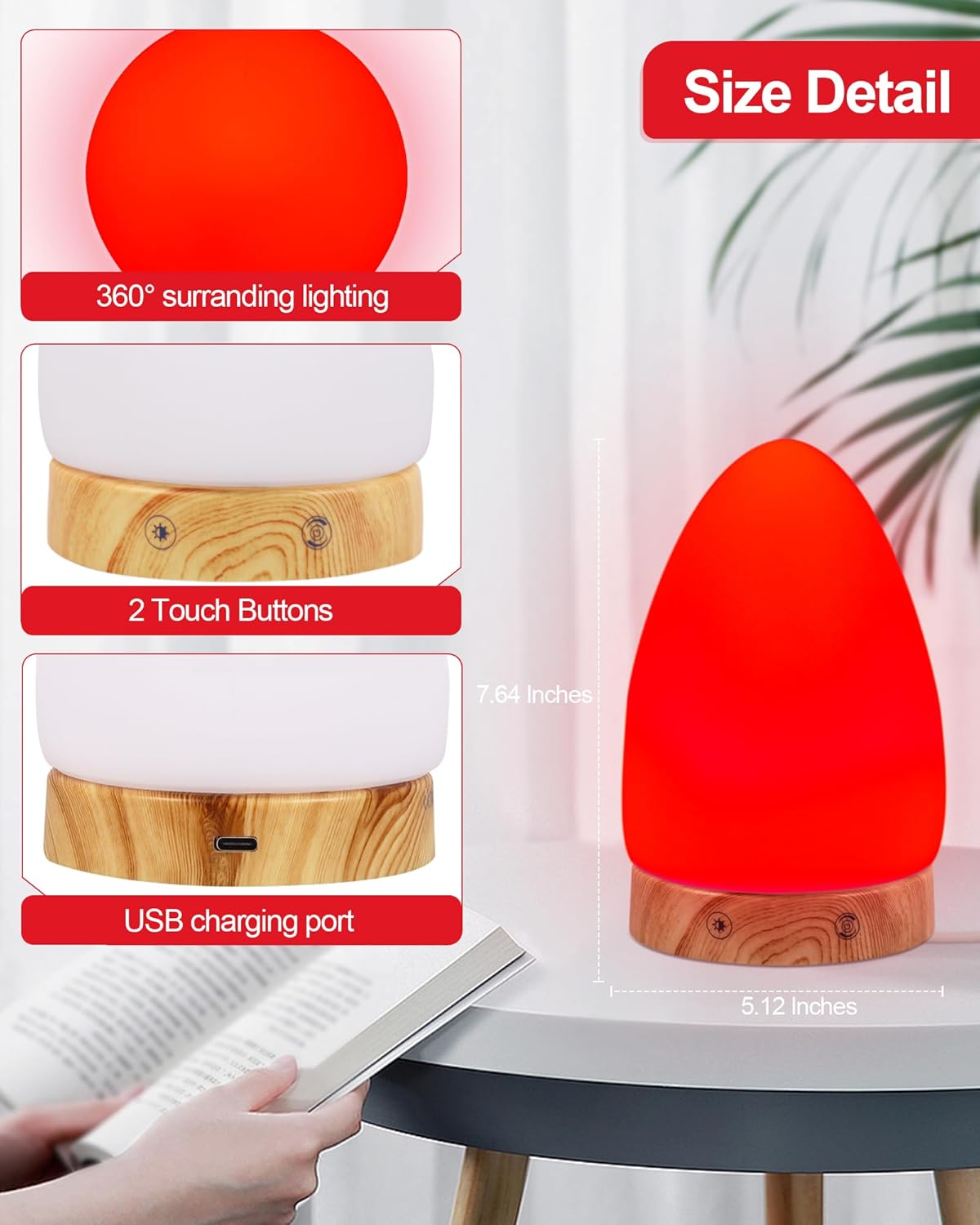Red Light Night Lamp for Sleep with 670Nm Wavelength Multi-Color and Brightness Options Remote Control USB Charging Elegant Design