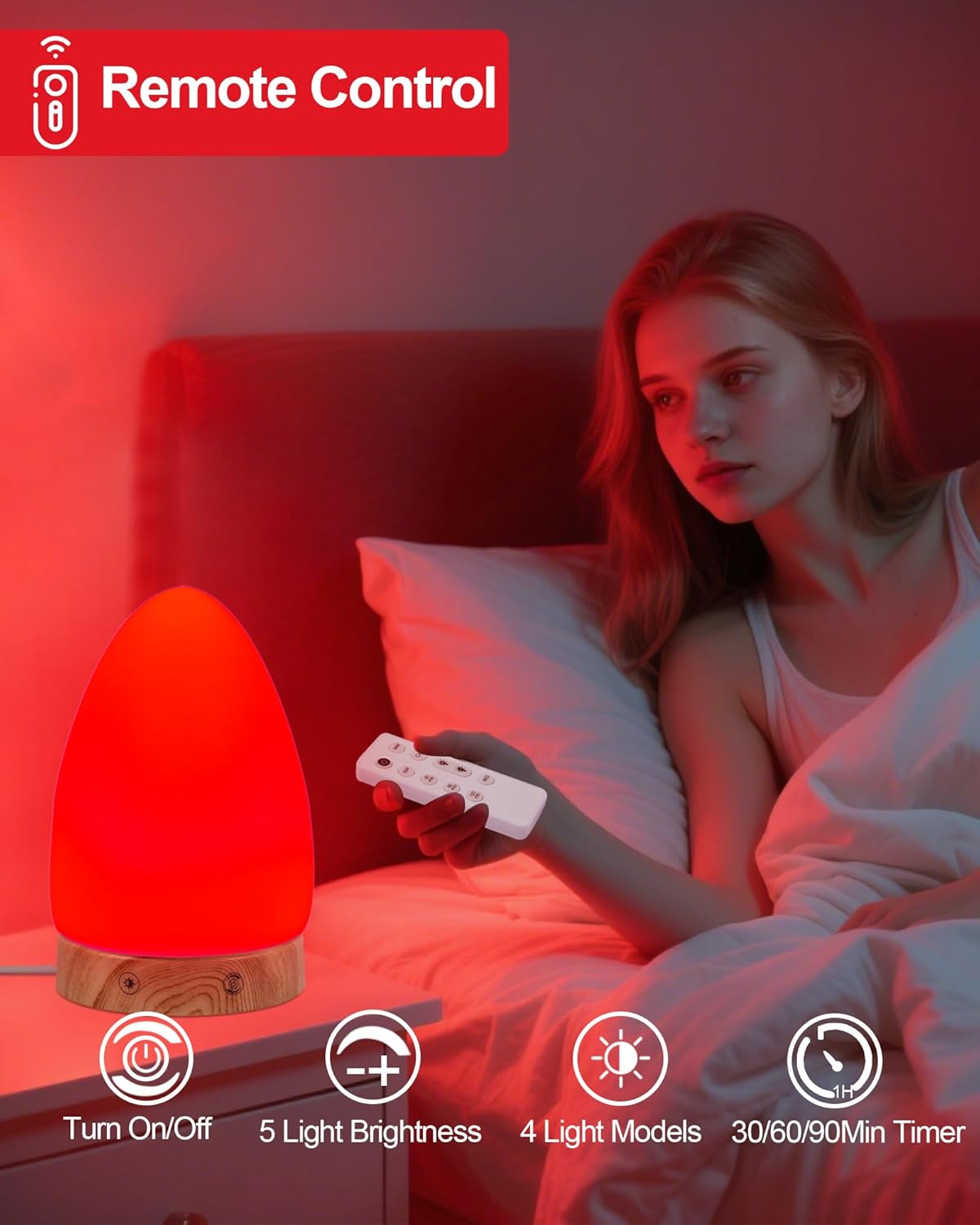 Red Light Night Lamp for Sleep with 670Nm Wavelength Multi-Color and Brightness Options Remote Control USB Charging Elegant Design