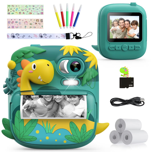 Kids Instant Print Camera with 16X Digital Zoom, 1080P HD Video Recording, 12MP Lens, Includes 3 Rolls of Printing Paper and 32GB Card, Ideal Gift for Ages 3-12 (Green)