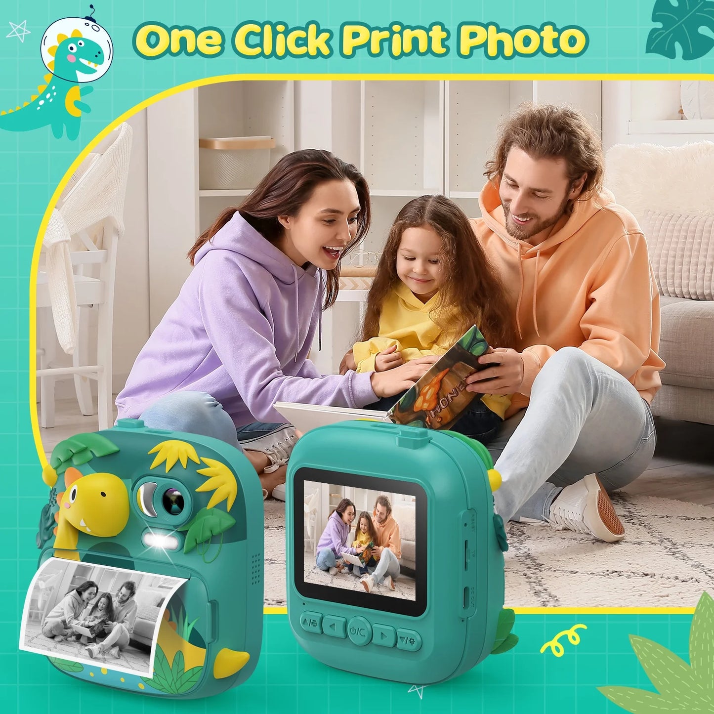 Kids Instant Print Camera with 16X Digital Zoom, 1080P HD Video Recording, 12MP Lens, Includes 3 Rolls of Printing Paper and 32GB Card, Ideal Gift for Ages 3-12 (Green)