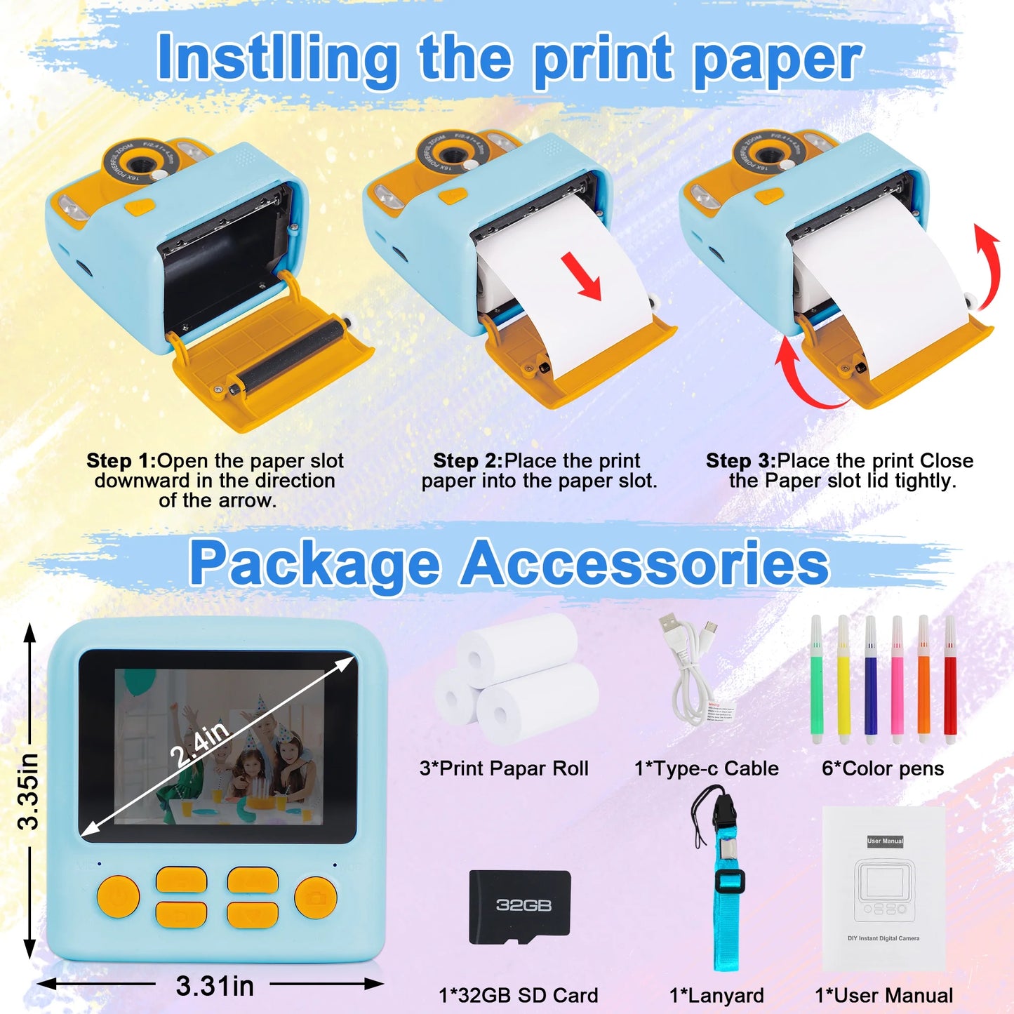 Instant Print Blue Digital Kids Camera 1080P Rechargeable HD Digital Toy Cameras Gift with 32G SD Card for Age 3-12