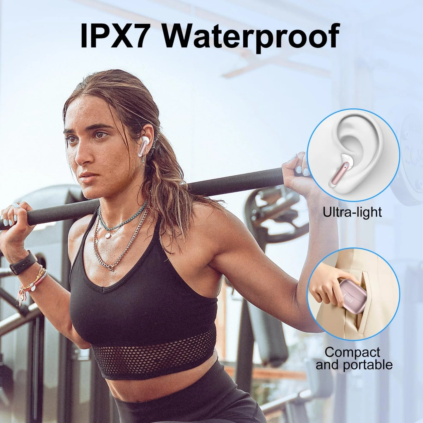 Wireless Earbuds Bluetooth Noise Cancelling for Iphone Android Sports Workout, 56H Playtime Waterproof LED Display in Ear Headphones, Pink