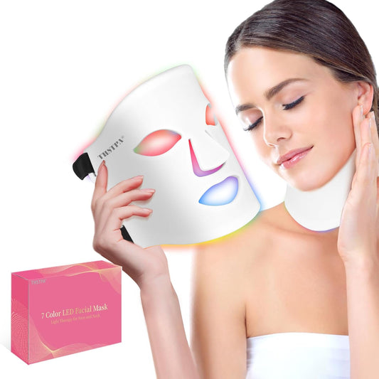 Led Face Mask Light Therapy,Red Light Therapy for Face and Neck,7 Colors LED Facial Skin Care Mask,5 Level Brightness Adjustment,309 LED Beads Can Be Used at Home,White
