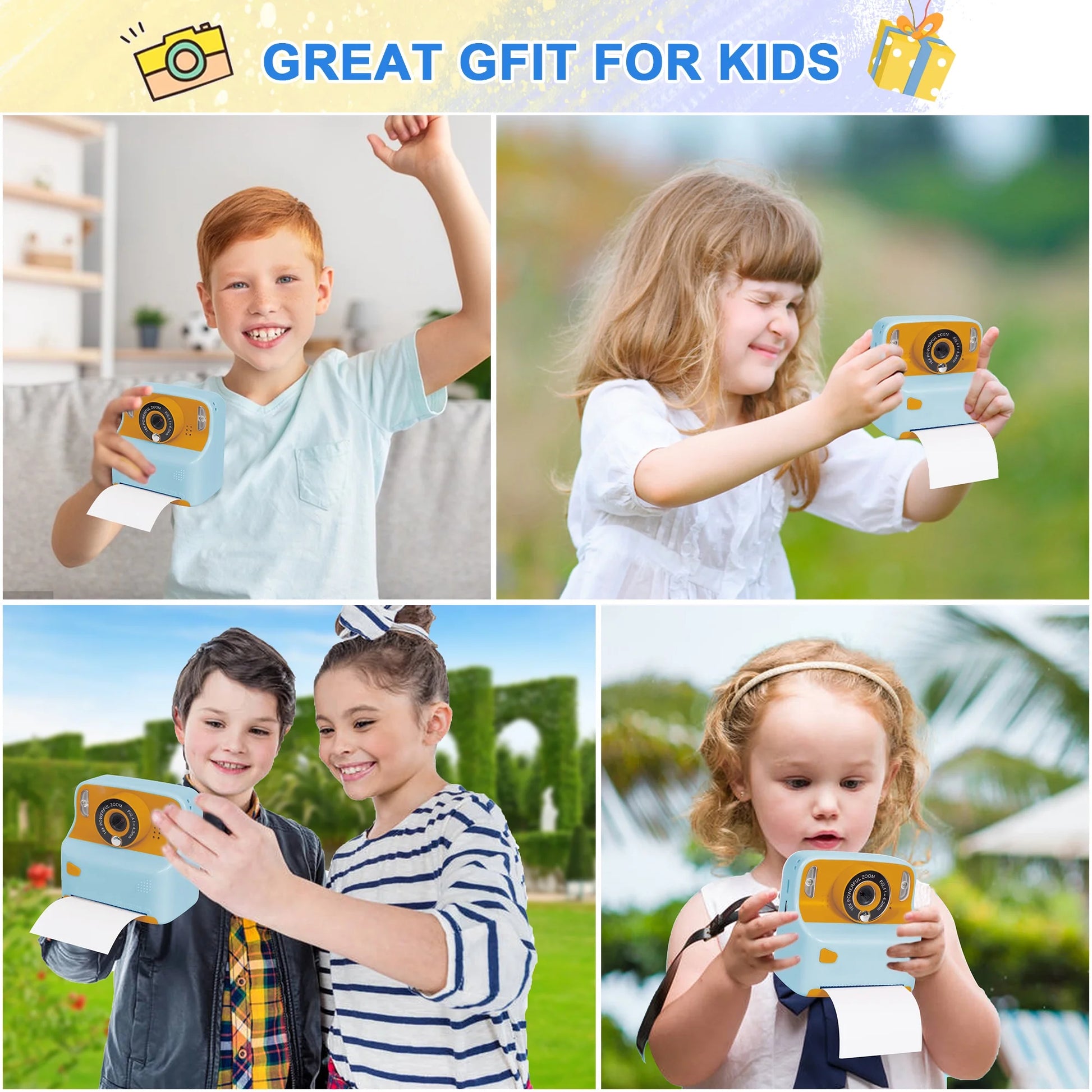 Instant Print Blue Digital Kids Camera 1080P Rechargeable HD Digital Toy Cameras Gift with 32G SD Card for Age 3-12