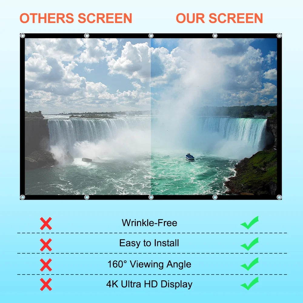 Portable Projector Screen 100 Inch 16:9 Outdoor/Indoor Wrinkle-Free 4K HD Wall-Mounted Backyard Movie Night Camping Office Presentation