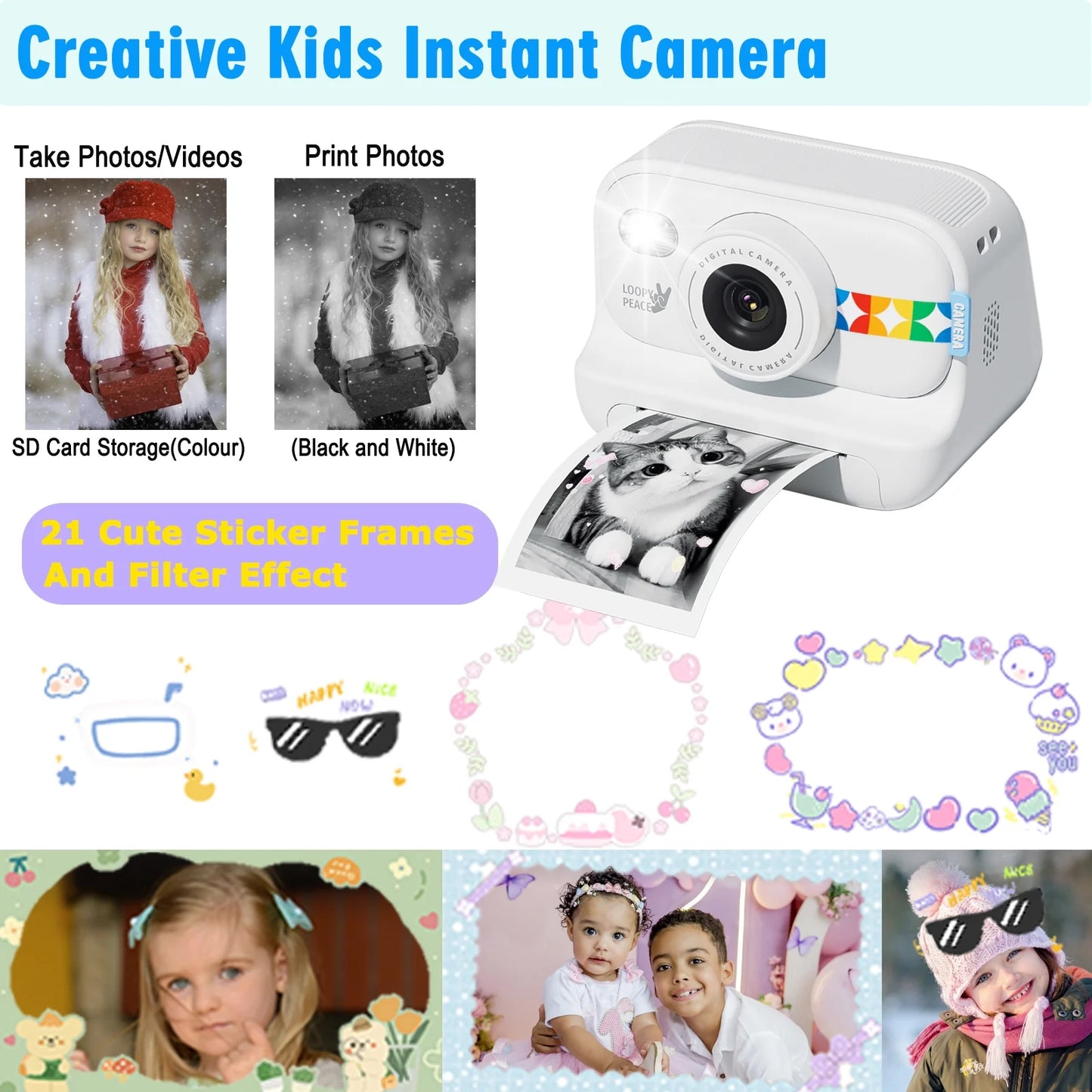 Instant Print Camera, 3 in 1 Photo/Video/Printing HD 1080P Digital Camera with Print Paper & 32G TF Card, Selfie Video Camera Toddler Portable Travel Camera for Boys & Girls