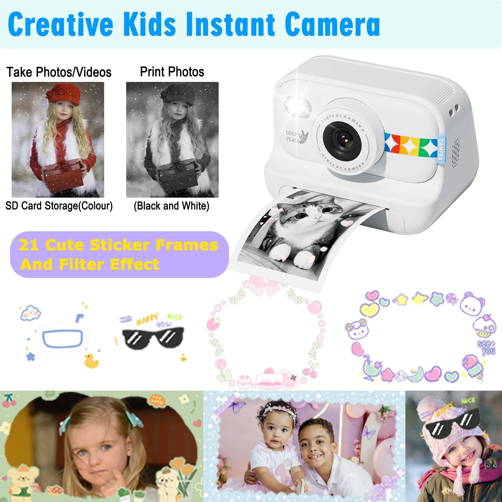 Instant Print Camera, 3 in 1 Photo/Video/Printing HD 1080P Digital Camera with Print Paper & 32G TF Card, Selfie Video Camera Toddler Portable Travel Camera for Boys & Girls