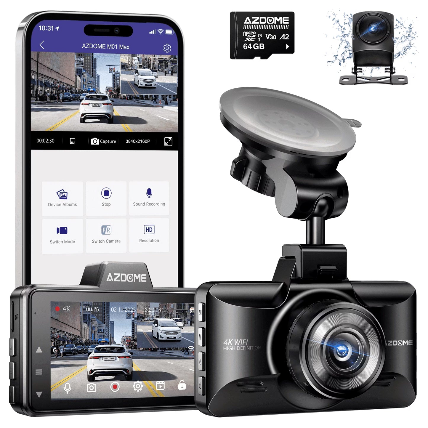 4K +1080P Dash Cam Front and Rear for cars, With Built-In Wifi G-Sensor, ADAS, App Control, 24H Parking Mode, Waterproof Backup Camera, 64GB Card Included
