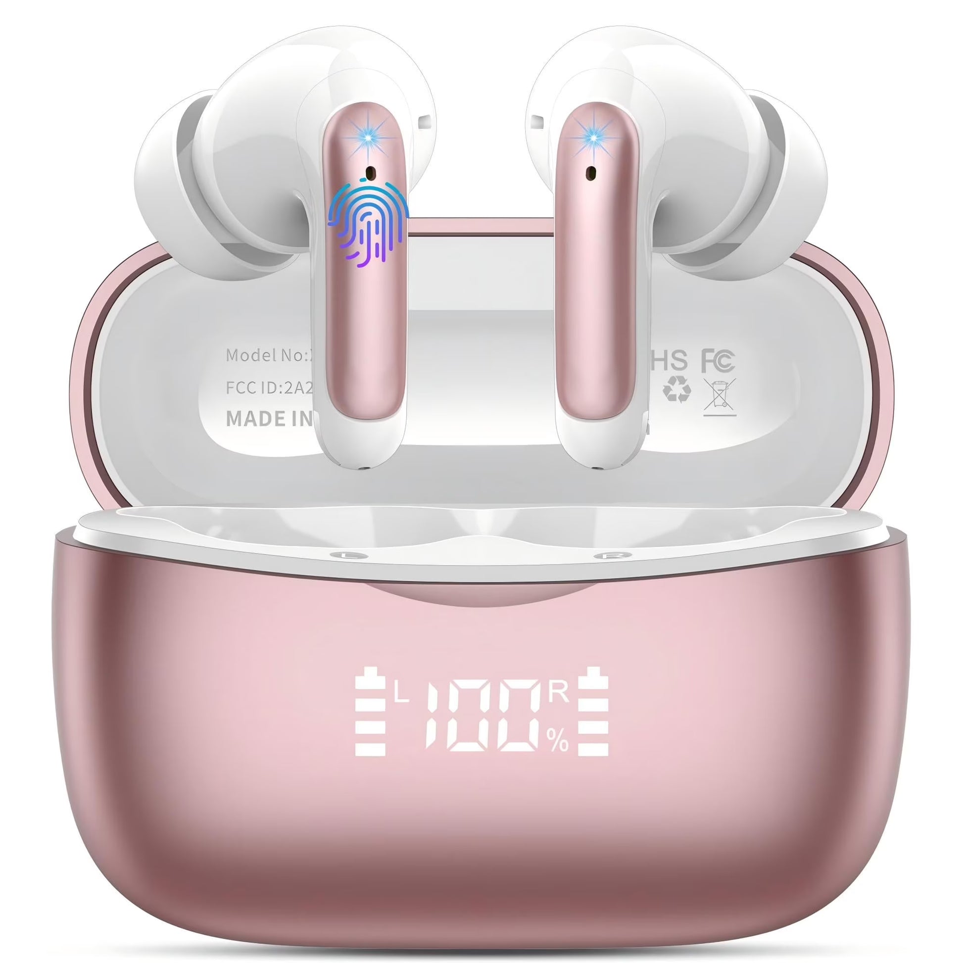 Wireless Earbuds Bluetooth Noise Cancelling for Iphone Android Sports Workout, 56H Playtime Waterproof LED Display in Ear Headphones, Pink