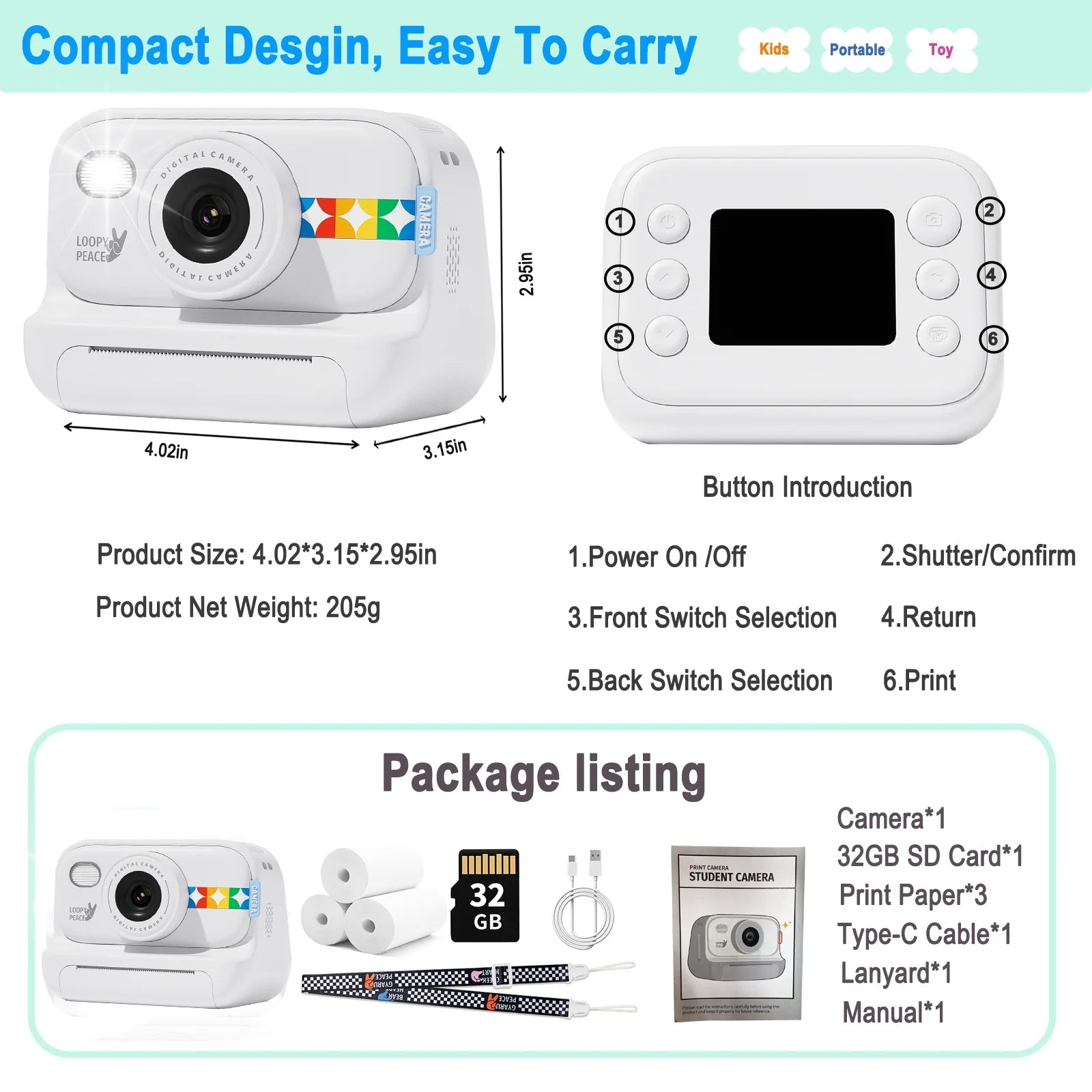 Instant Print Camera, 3 in 1 Photo/Video/Printing HD 1080P Digital Camera with Print Paper & 32G TF Card, Selfie Video Camera Toddler Portable Travel Camera for Boys & Girls