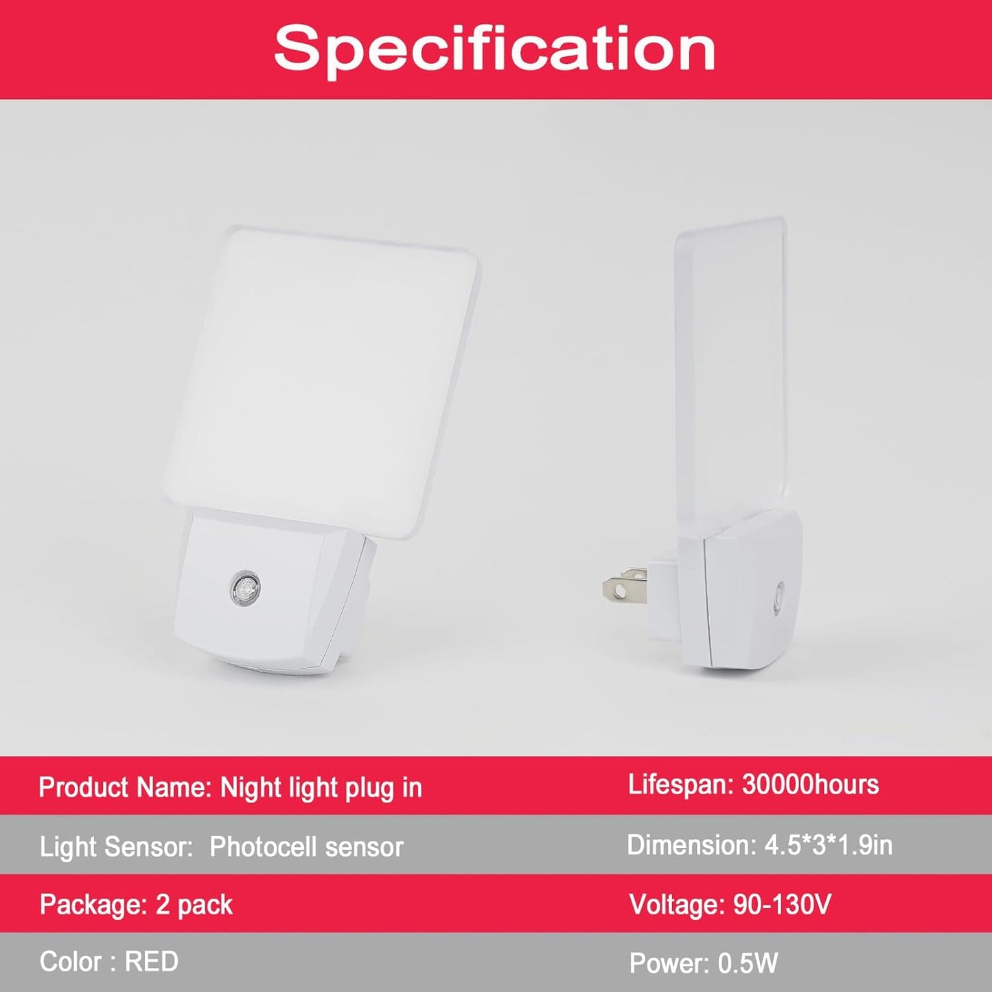 2 Pack 0.5W Plug in RED LED Night , therapeutic Light with Dusk to Dawn Sensor Red