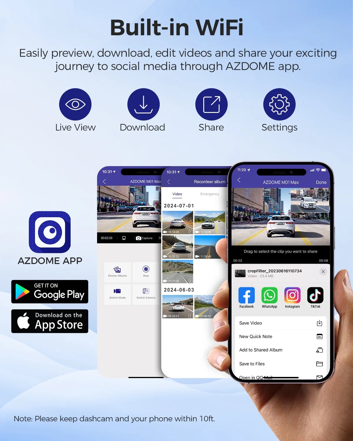 4K +1080P Dash Cam Front and Rear for cars, With Built-In Wifi G-Sensor, ADAS, App Control, 24H Parking Mode, Waterproof Backup Camera, 64GB Card Included
