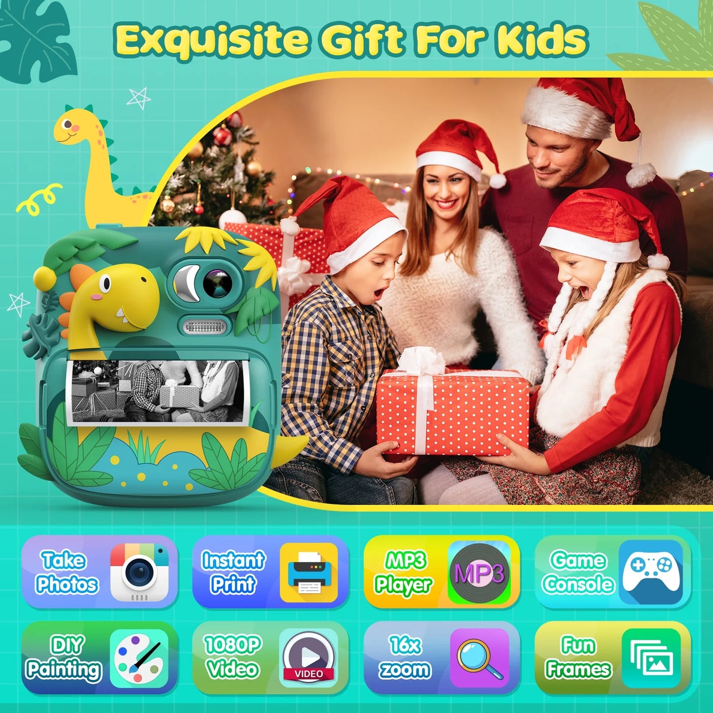 Kids Instant Print Camera with 16X Digital Zoom, 1080P HD Video Recording, 12MP Lens, Includes 3 Rolls of Printing Paper and 32GB Card, Ideal Gift for Ages 3-12 (Green)